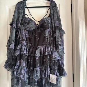 Floral Ruffled Dress with Sheer Overlay